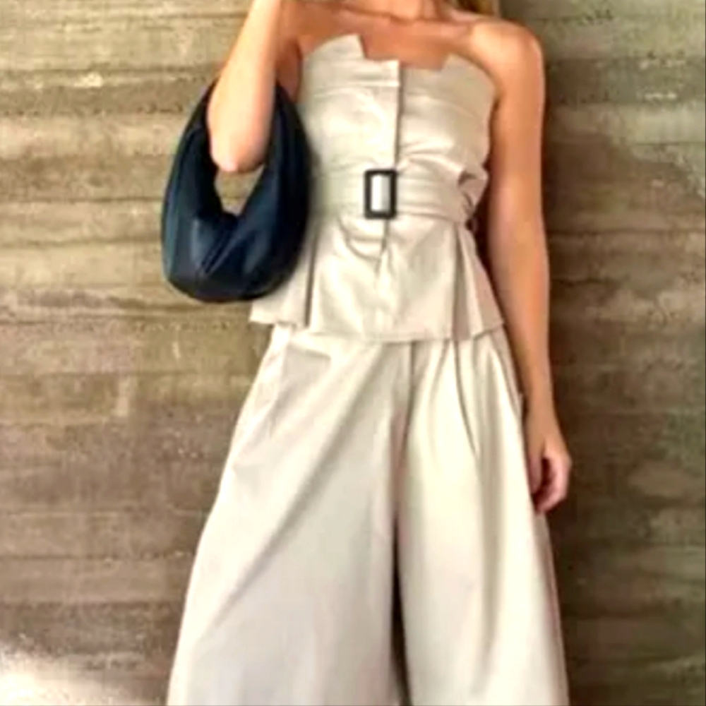 ZARA BELTED GABARDINE TOP Size Med. Cream